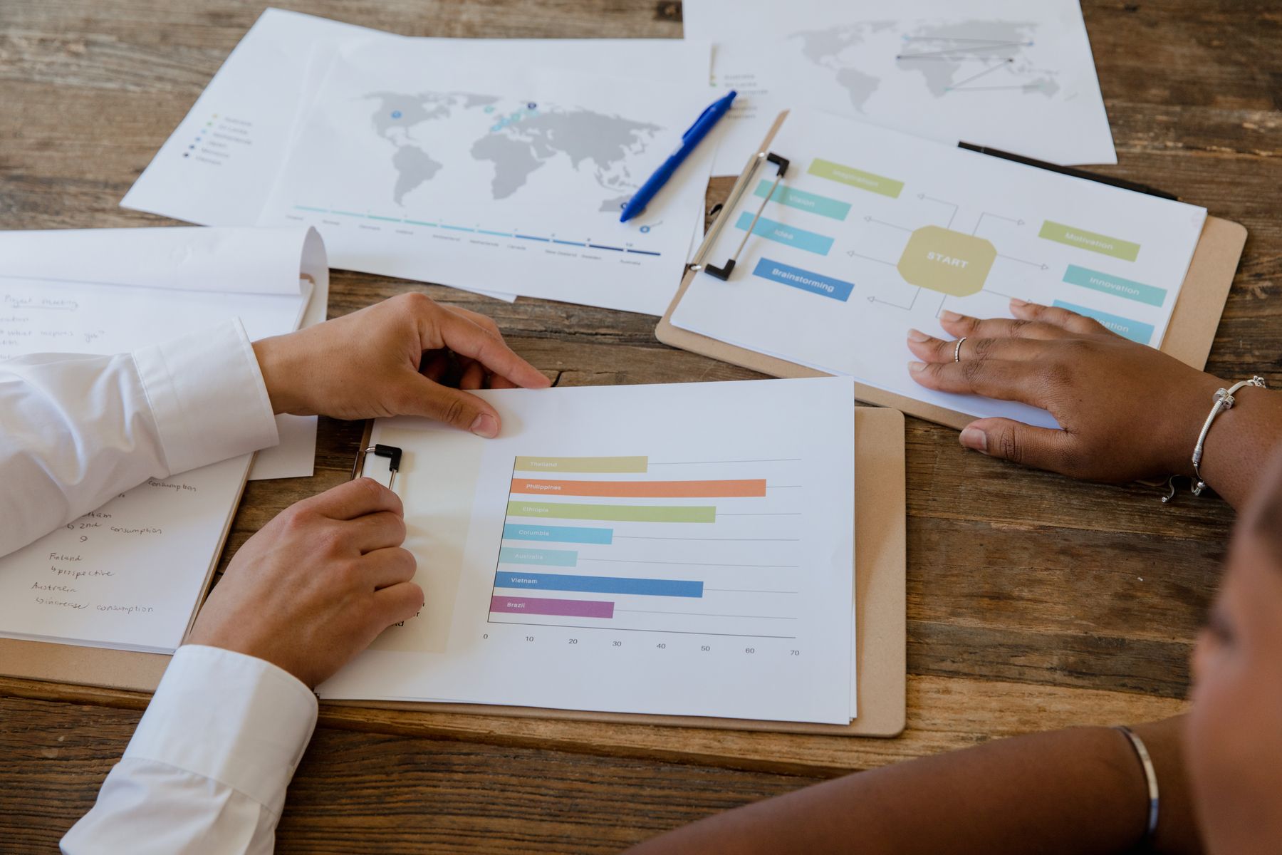Colleagues' hands over charts and notes on a wooden table