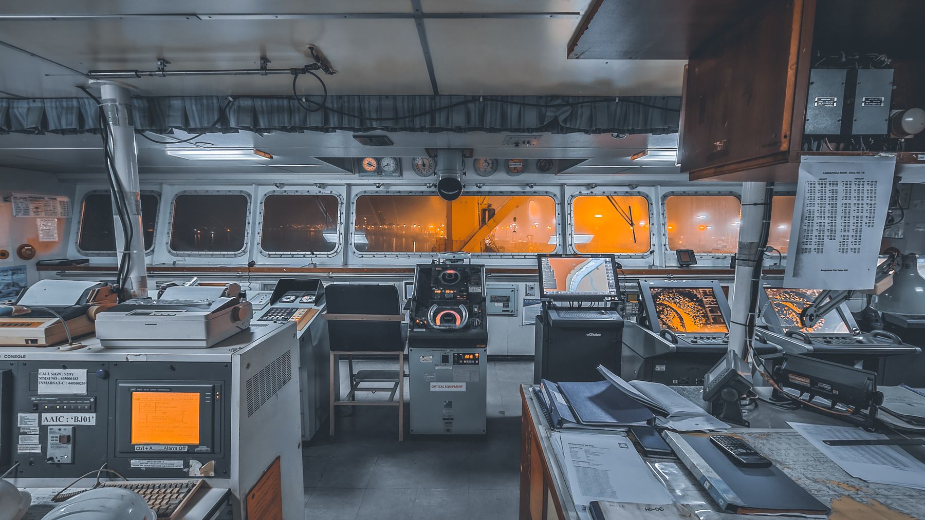 The bridge of a ship with its navigation equipment
